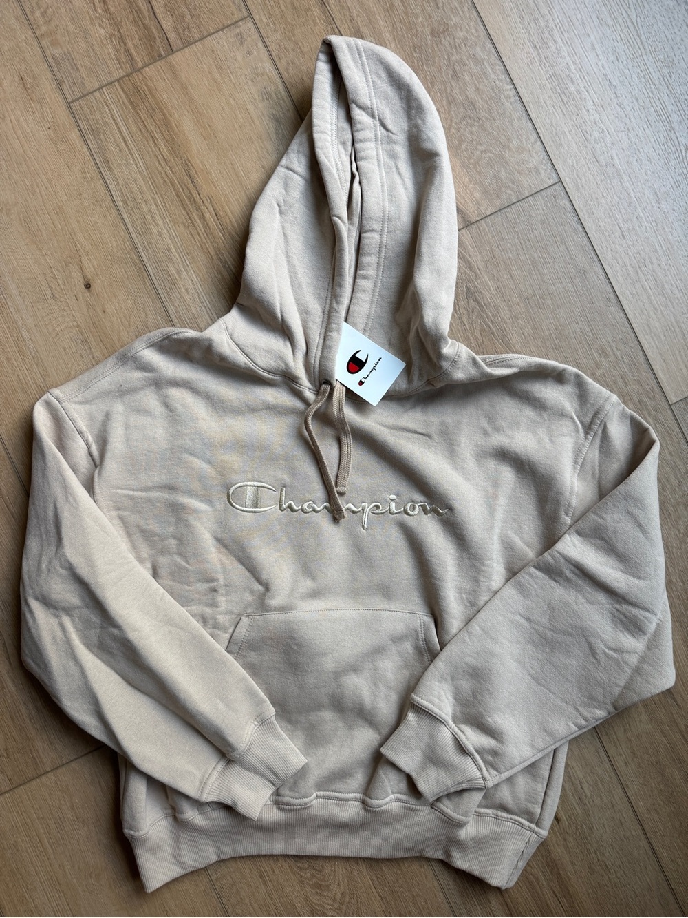 Champion Men's Crewneck Hoodie in Light Beige with Script Logo